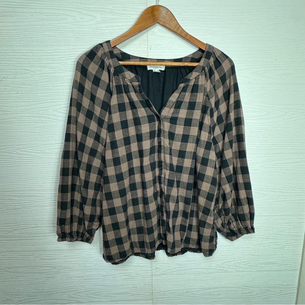 Beachlunchlounge Black and Tan Gingham Plaid Blouse Cotton Large - Picture 4 of 8